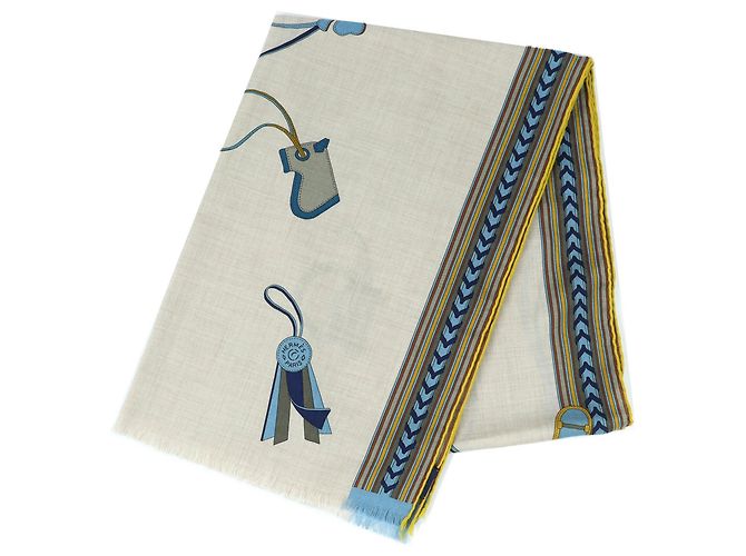 Hermès Sciarpa in seta e cashmere Bridles and Charms Hermes Blu Beige Giallo