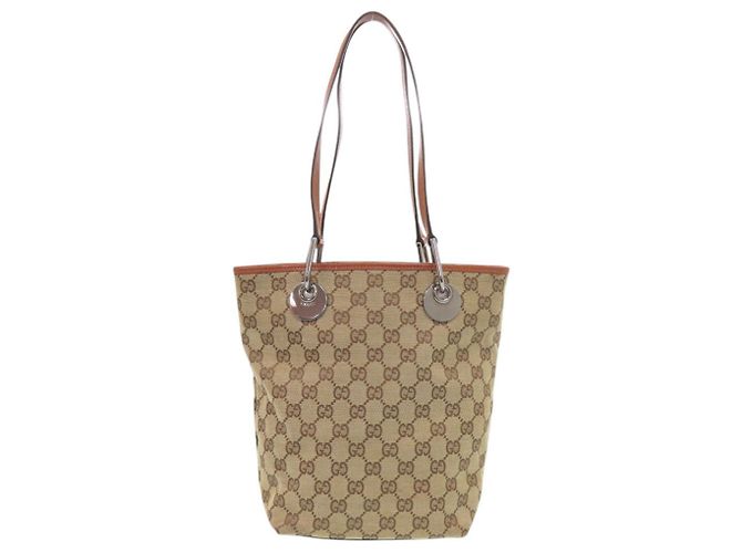 Bolsa Tote de lona GG e couro Gucci Bege