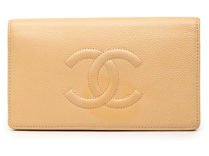 Chanel Beige CC Caviar Bifold Long Wallet