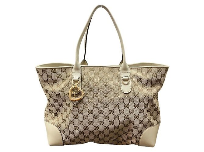 Gucci Canvas Leather Handbag Tote Bag White Beige