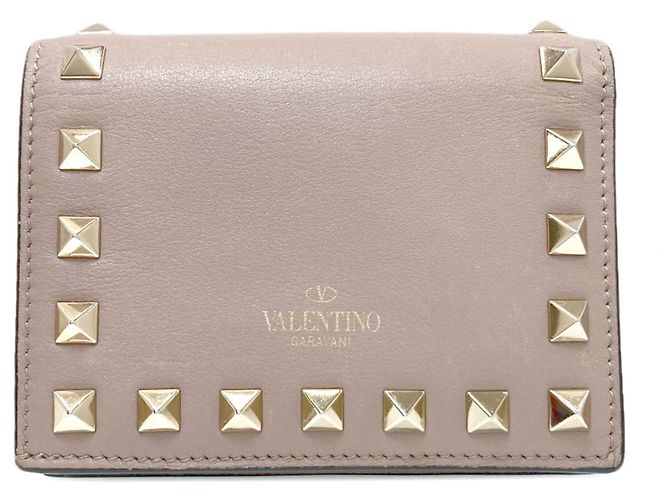Valentino Rockstud Bi-fold Leather Wallet for Women Beige