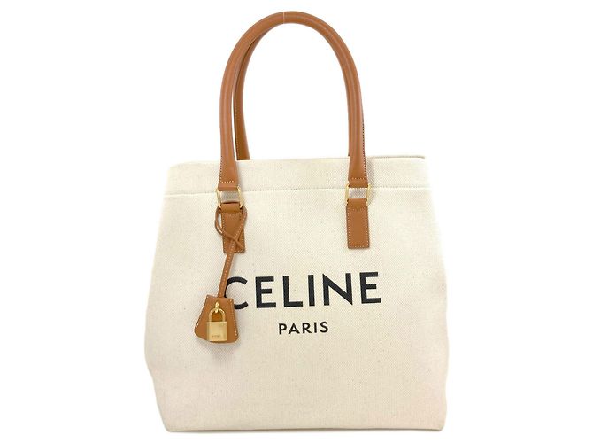 Céline Celine Horizontal Canvas Cabas Handtasche Braun Weiß
