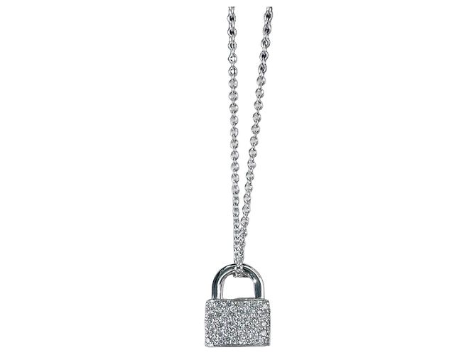 Colar Tiffany & Co. Cadeado em Ouro Branco e Diamantes Prata