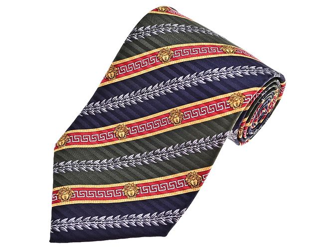 Versace Cravatta in seta Medusa e Greca Rosso Blu Verde Gold hardware 