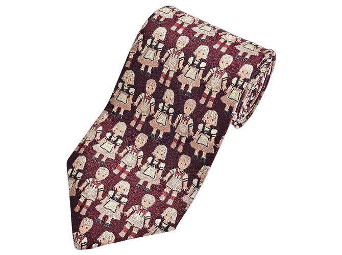 Moschino Burgundy Silk Jacquard Doll Pattern Tie Beige Dark red
