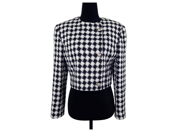 Versace Jeans Couture Hahnentritt Crop-Jacke Schwarz Weiß