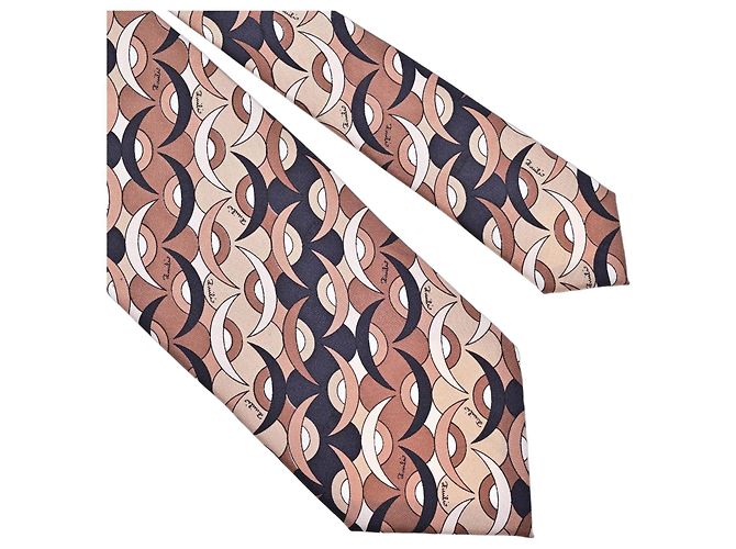 Emilio Pucci Cravate en Soie Marron Blanc Beige Bleu foncé