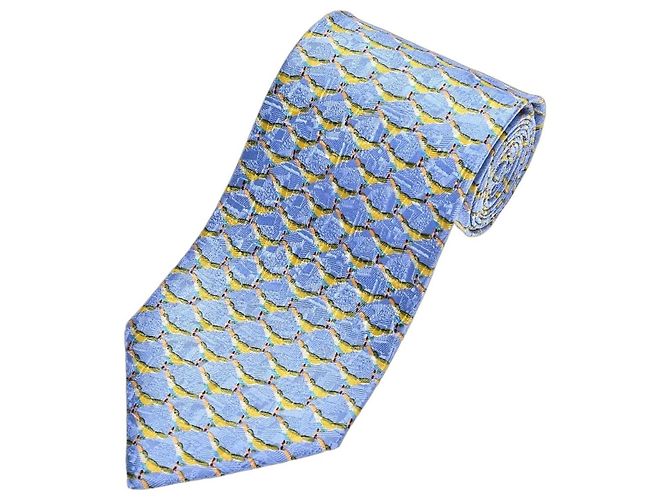 Ermenegildo Zegna Blue Silk Tie with Bird Pattern Yellow