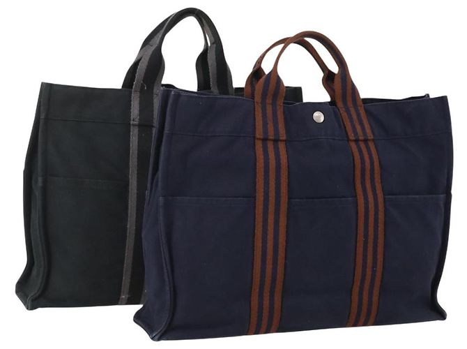 Hermès Borsa Fourre Tout HERMES 2 Set Cotton Black Navy Auth BA12675 Nero Blu navy