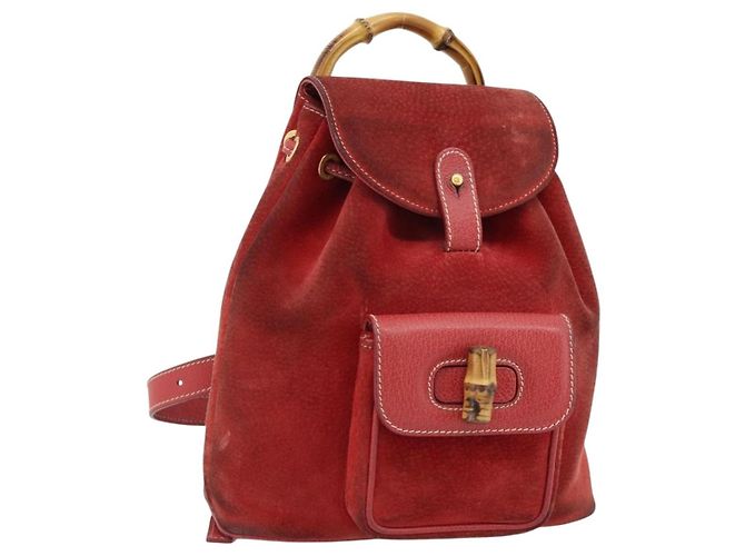 GUCCI Bamboo Backpack Suede Red Gold 003 2058 0030 Auth 181155