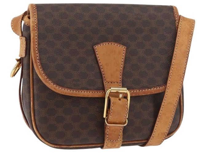 Céline Bolsa de Ombro CELINE Macadam Canvas PVC Couro Marrom Ouro Auth BA12773 Dourado