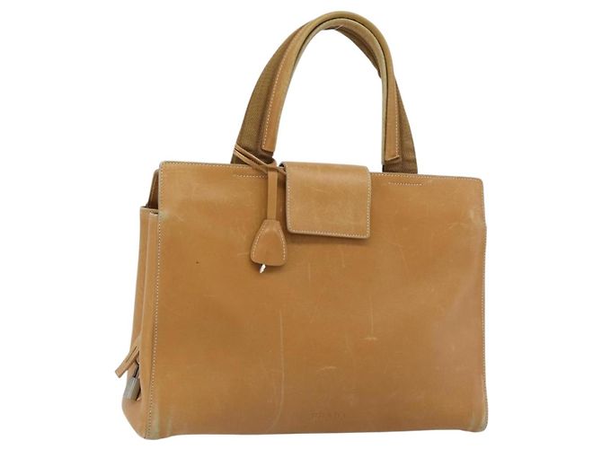 Bolsa Tote PRADA de couro bege prata Auth bs35304