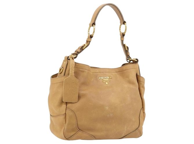 Bolsa de Ombro PRADA em Couro Bege Ouro Auth ka4438A Dourado