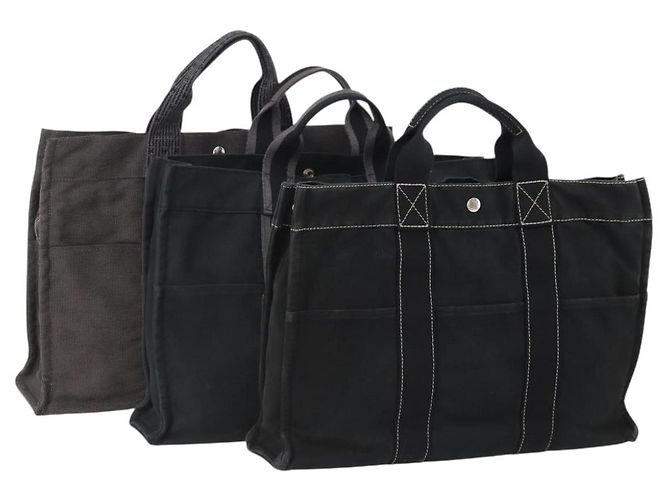 Hermès Bolso Fourre Tout HERMES Cotton 3 Set Black Gray Auth BA12670 Castaño Negro