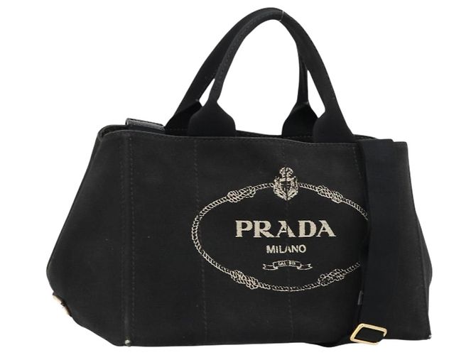 Borsa PRADA Canapa MM in tela 2way Nero Oro Auth 180606 D'oro