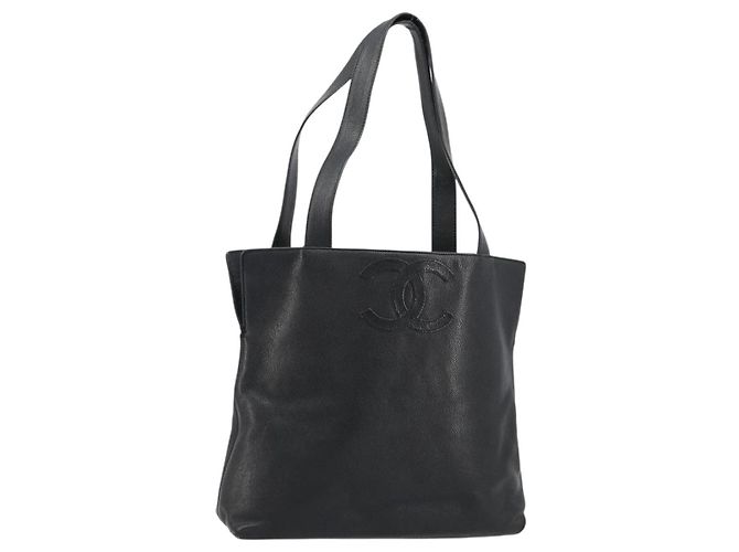 Bolsa Tote CHANEL em pele de caviar preta com CC dourado Auth BA12903 Preto