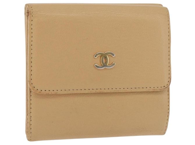 CHANEL Trifold Wallet Leather Beige Gold CC Auth BA12653 Golden