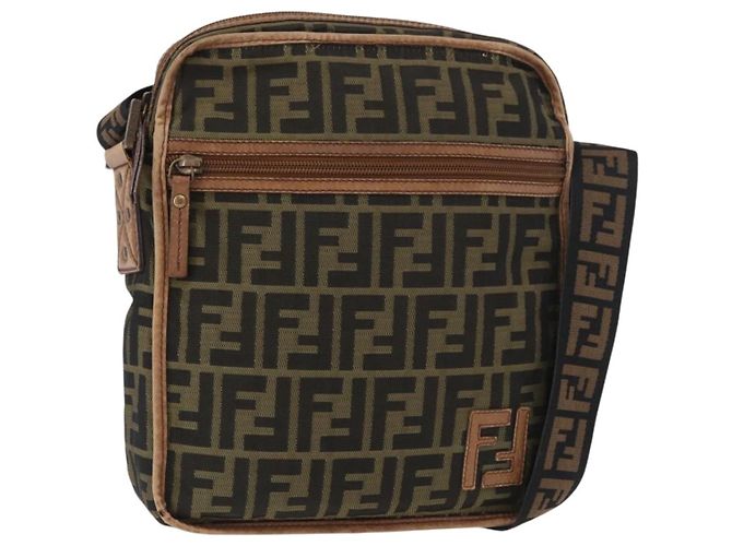 Borsa a Spalla FENDI Zucca Canvas Nero Marrone Auth 180611