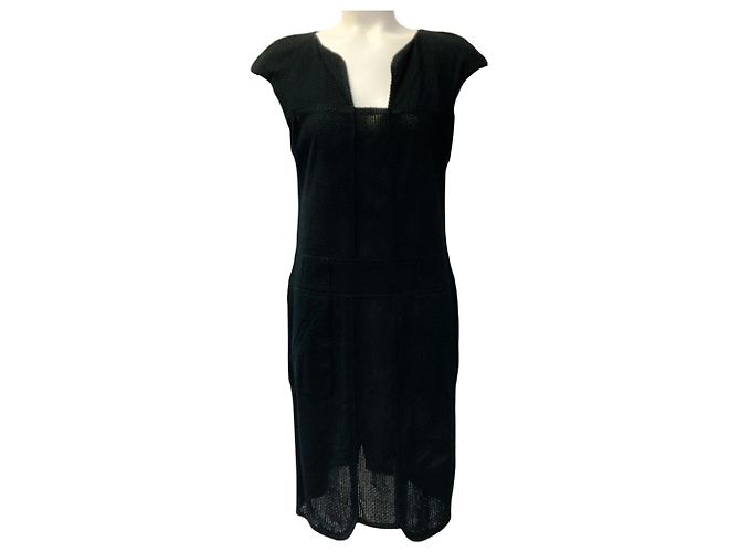 Robe Chanel noire à manches courtes en coton texturé