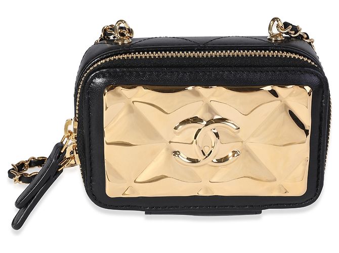 Mini bolsa vanity Chanel em metal acolchoado dourado e pele de cordeiro preta Preto