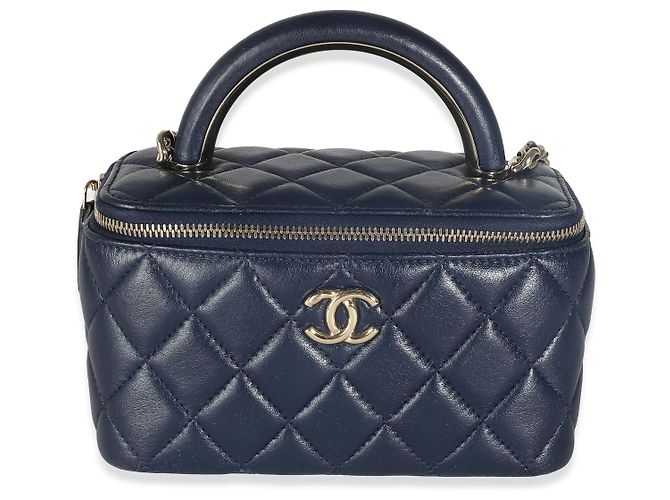 Chanel Vanity Case Navy Quilted Lambskin Top Handle With Chain Bleu