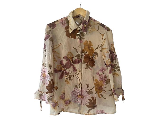 Escada Seidenbluse mit Blumenmuster Braun Pink Beige Lila