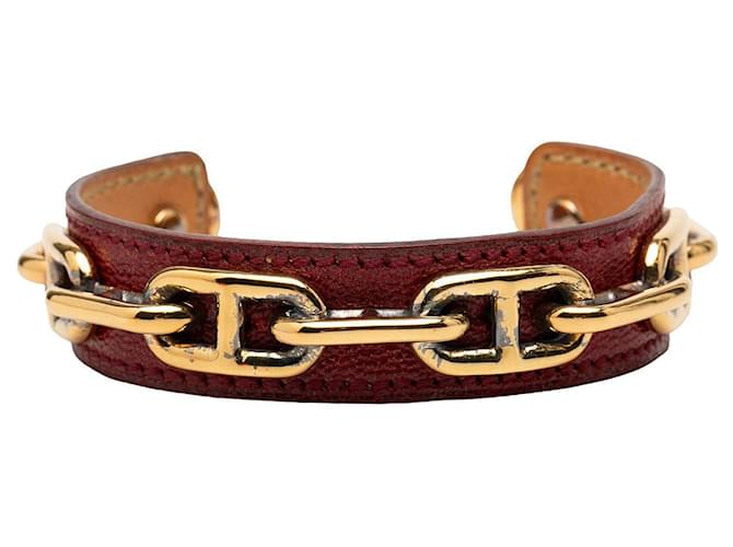 Hermès Red Leather and Gold Plated Chaine d Ancre Cuff Bracelet Dark red 