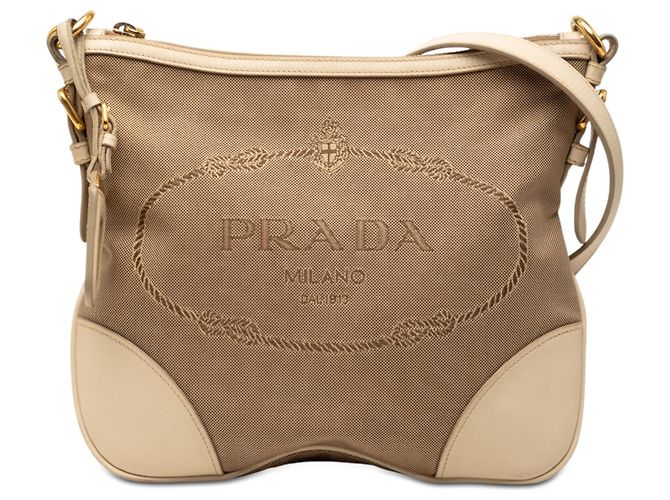 Borsa a tracolla Prada Brown Canvas Canapa Logo Marrone Marrone chiaro
