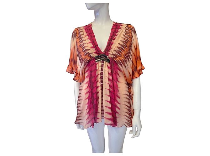 Blusa de seda estampada Antik Batik Marrom Rosa Laranja Cru
