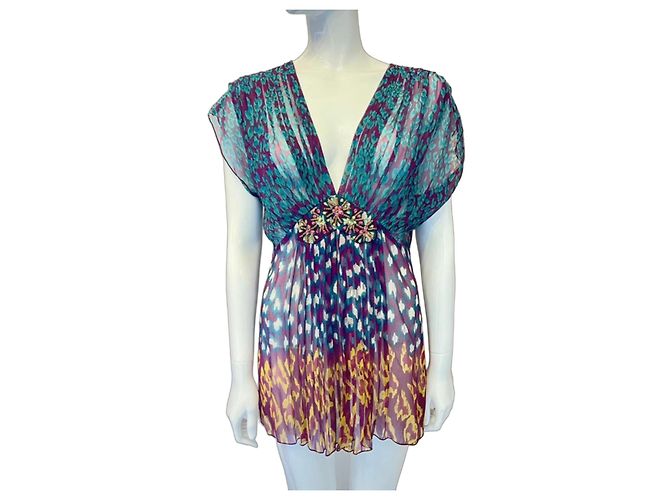 Túnica Antik Batik de seda estampada Branco Multicor Verde Roxo Amarelo
