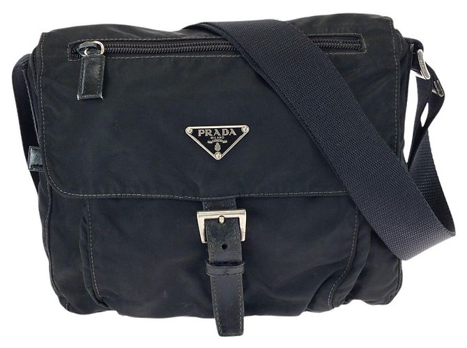 Prada Tessuto Nylon Leather Triangle Logo Shoulder Bag Black