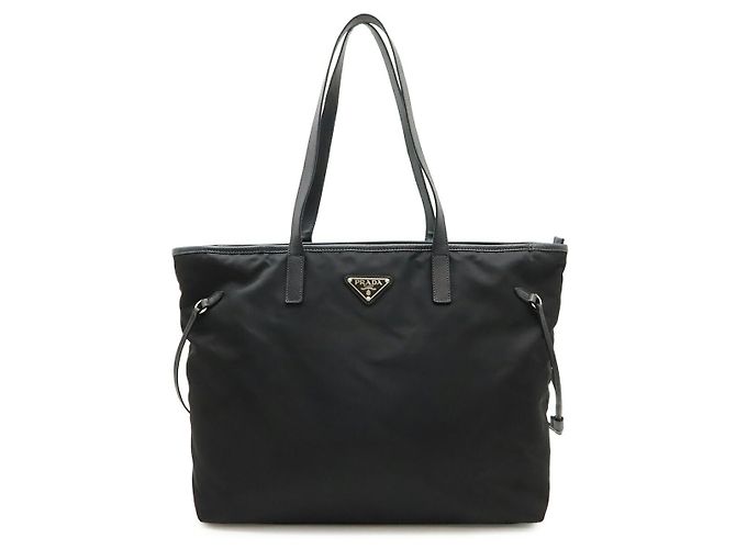 Prada Triangle Logo Nylon Leather Tote Bag Black