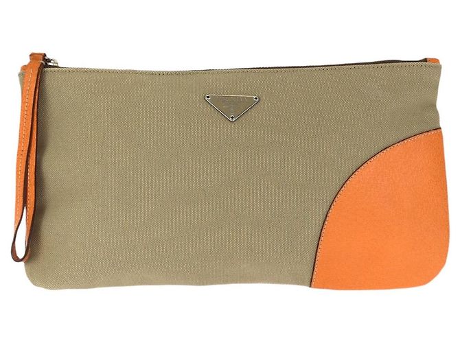 Clutch de lona e couro com logo Prada Marrom Bege