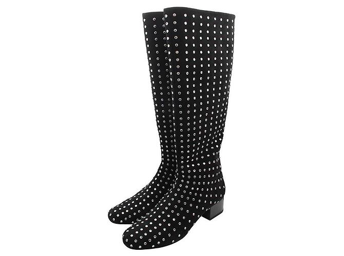 Saint Laurent Crystal Stud Long Boots Black