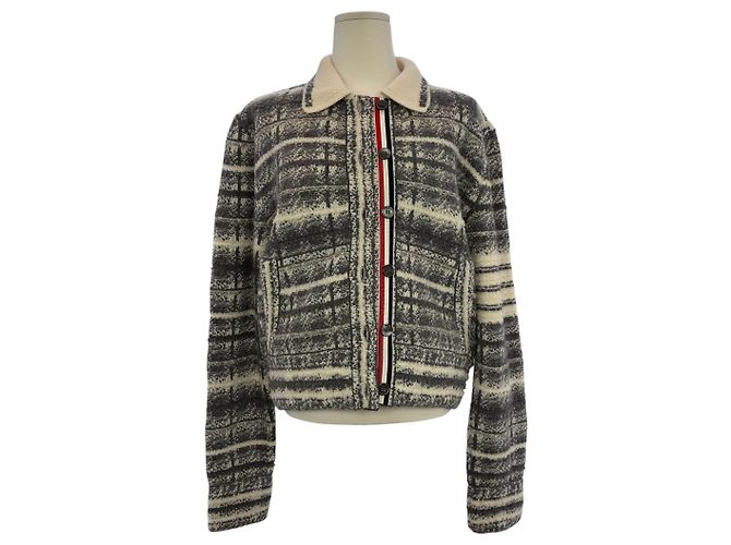 Thom Browne Pale Grey Striped TB Tartan Check Wool Polo Jacket