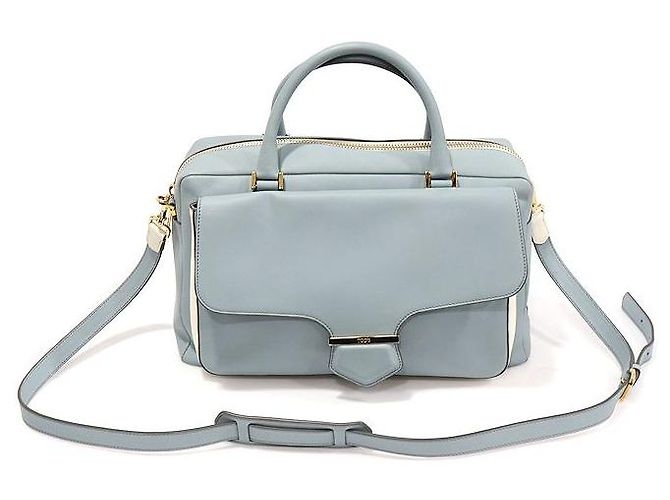 Tod's Sky Blue White Two-Tone Leather Military Medium Tote