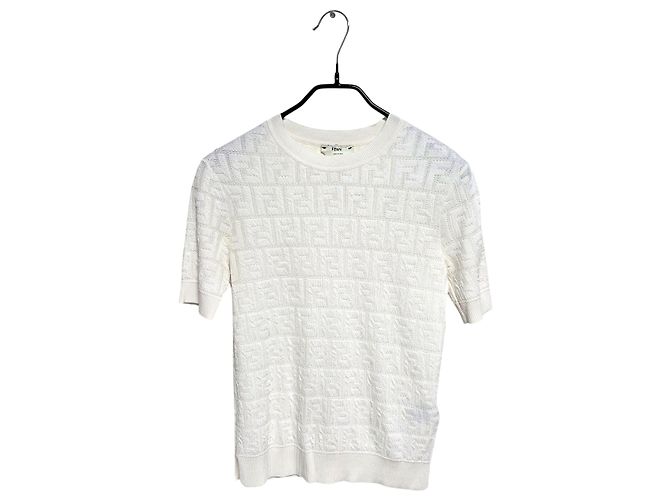 Fendi Kurzärmeliges Textur-Strickoberteil mit FF-Jacquard für Damen Weiß