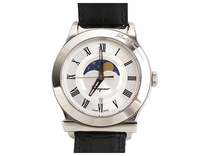 Salvatore Ferragamo Relógio Moonphase em aço com pulseira de couro Multicor