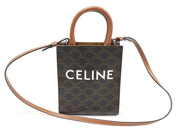 Céline Cabas Mini Vertical Triope Canvas Tan Calfskin Marron