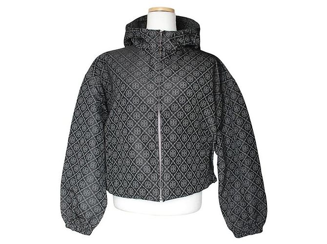 Tory Burch Kurze Kapuzenjacke mit Logo-Muster in Anthrazitgrau Braun
