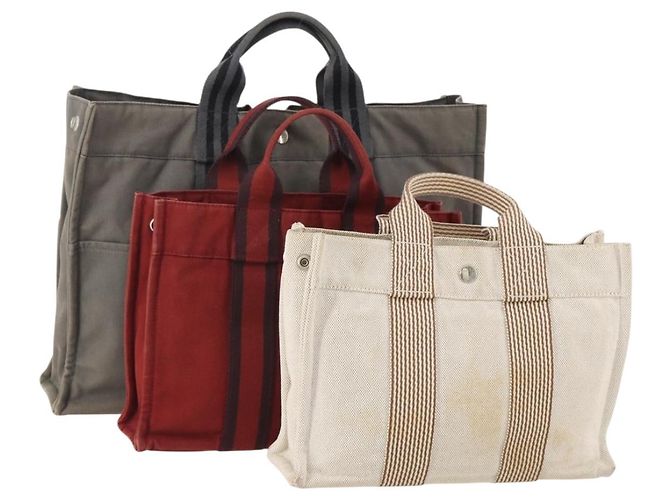 Hermès Borsa Fourre Tout HERMES Cotton 3 Set White Gray Red Auth BA12676 Marrone Bianco Rosso