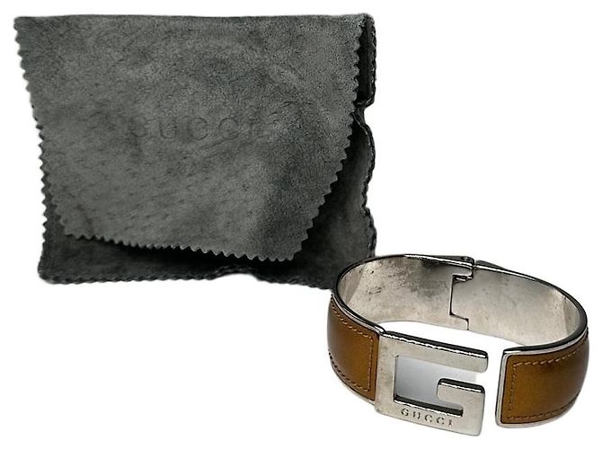Vintage Gucci Lederarmband Y2K Tan Silber Kamel