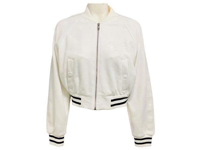 Giacca bomber in spugna bianca con dettaglio logo e zip Prada Bianco