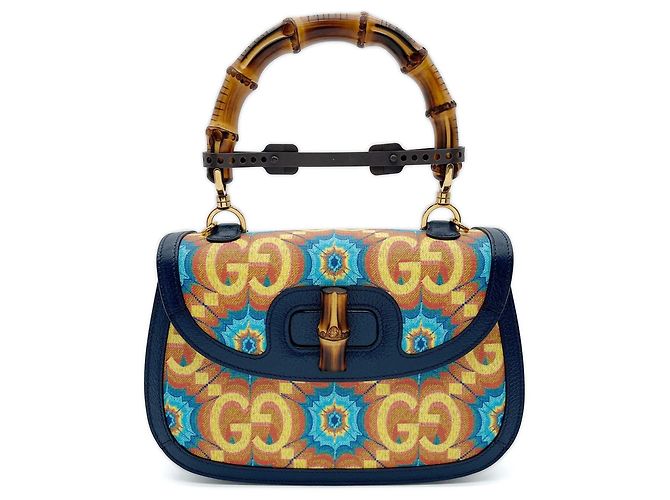 Bolsa de mão GUCCI Bamboo azul de couro e PVC