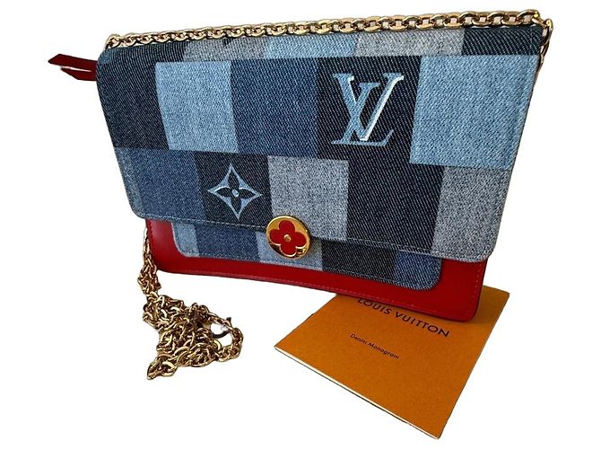 Louis Vuitton Pochette Twist Damier Denim Patchwork Wallet On Chain Rouge Bleu Doré