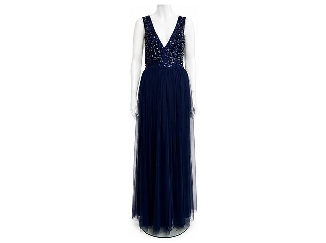 Jenny Packham Navy Blue Sequin Embellished Tulle Evening Gown