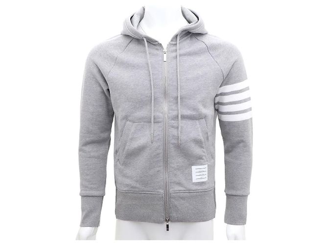 Thom Browne Felpa con cappuccio e zip grigia Bars Marrone