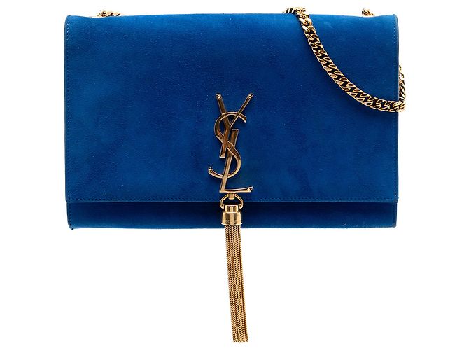 Sac bandoulière Kate à pompon en daim bleu monogramme taille Medium de Saint Laurent