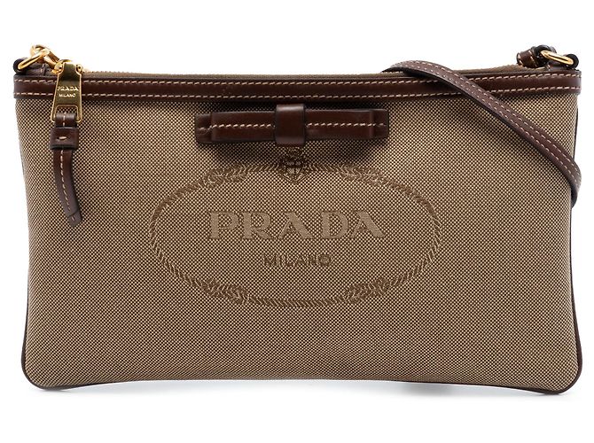 Borsa a Spalla Prada Beige Canvas Canapa Logo Bow