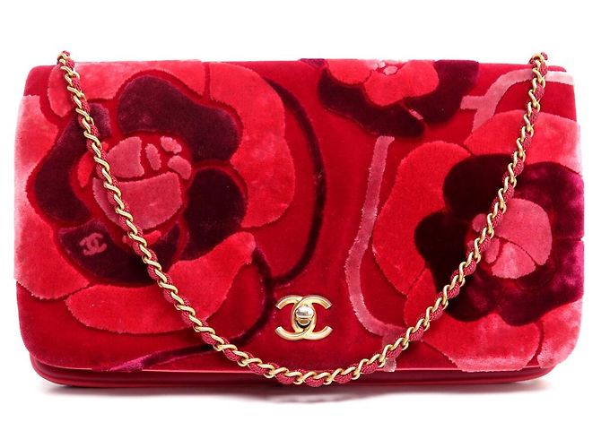 BORSA CHANEL TIMELESS SIMPLE FLAP CAMELIA IN VELLUTO A SPALLA Rosso
